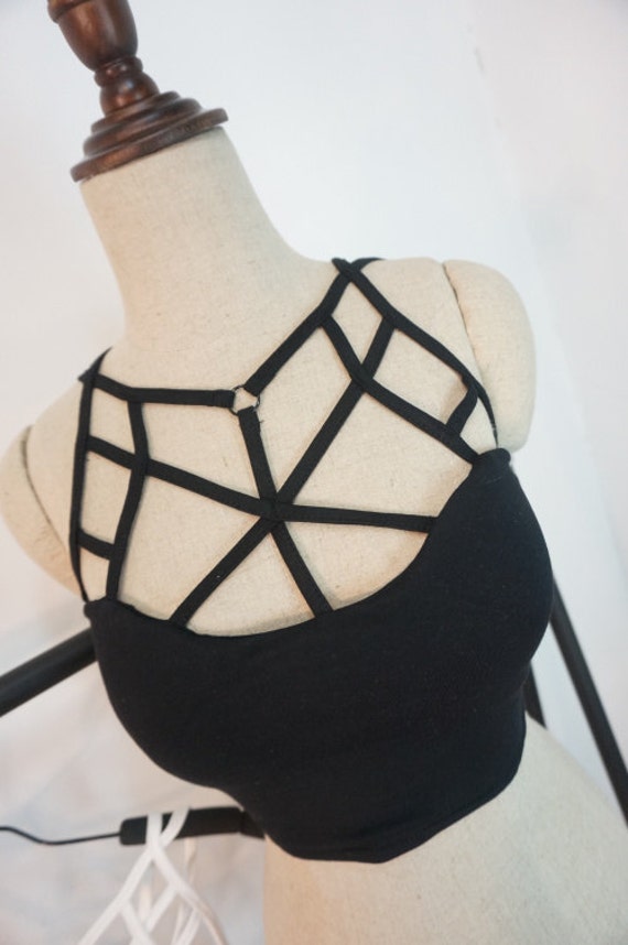Punk Rock Gothic Goth Cross Straps Black Bustier Bralete Cami Camisole Crop Top Black / White , steampunk black clothing black style by BlackLana steampunk buy now online