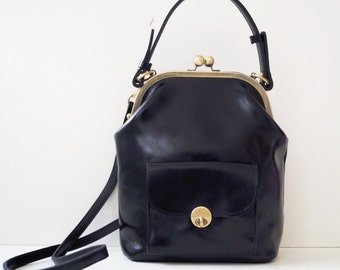 Leather Handbag Gwen in black, vintage leather bag, ladies handbag, vintage, leather, handbag, kiss lock, bag, shoulder, genuine leather