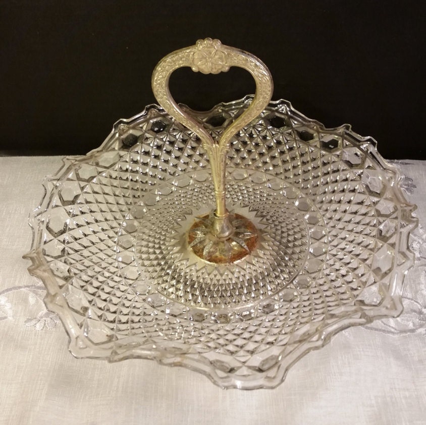 Crystal Cut Clear Glass Serving Tray Vintage Handled Appetizer