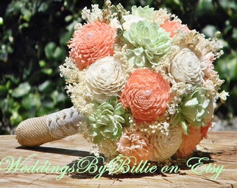 Sola Peridot Mint Peach Bouquet, Burlap Lace, Sola Bouquet, Alternative Bouquet,Rustic Shabby Chic,Bridal Accessories, Keepsake, Mint Peach