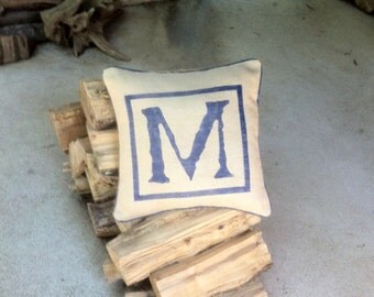 Hand stenciled burlap initial pillow