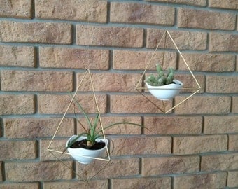 set of 2 geometric modern hanging planters with a white ceramic flower pots | himmeli | gold hanging terrarium geometric mobile