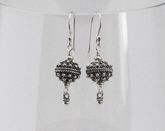Sterling Silver Earrings, Bali Beads, Turkish Silver, Silver Dangles, Silver Bead Earrings, Oxidized Silver Balls, Bali Bead Earrings