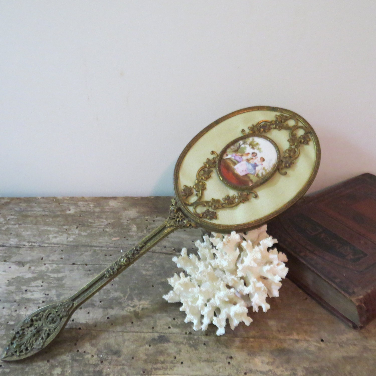 Antique Hand Mirror with Porcelain Painted Courting Scene