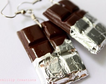 Dark Chocolate Bar Earrings, Polymer Clay Food Jewelry, Miniature Food Earrings
