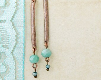Mint Long Earrings Mint Stick Earrings Mint Earrings Rustic Earrings Copper Earrings Mint Dangle Earrings Blue Earrings Gift for Girlfriend
