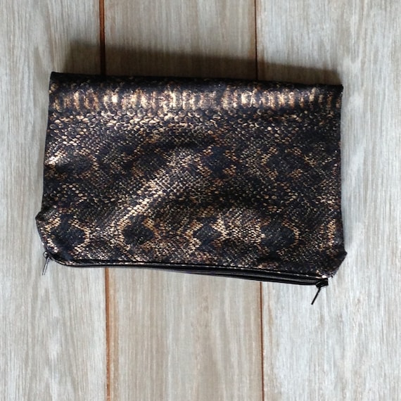 Items similar to Black and Gold Faux Snakeskin Foldover Clutch Bag ...