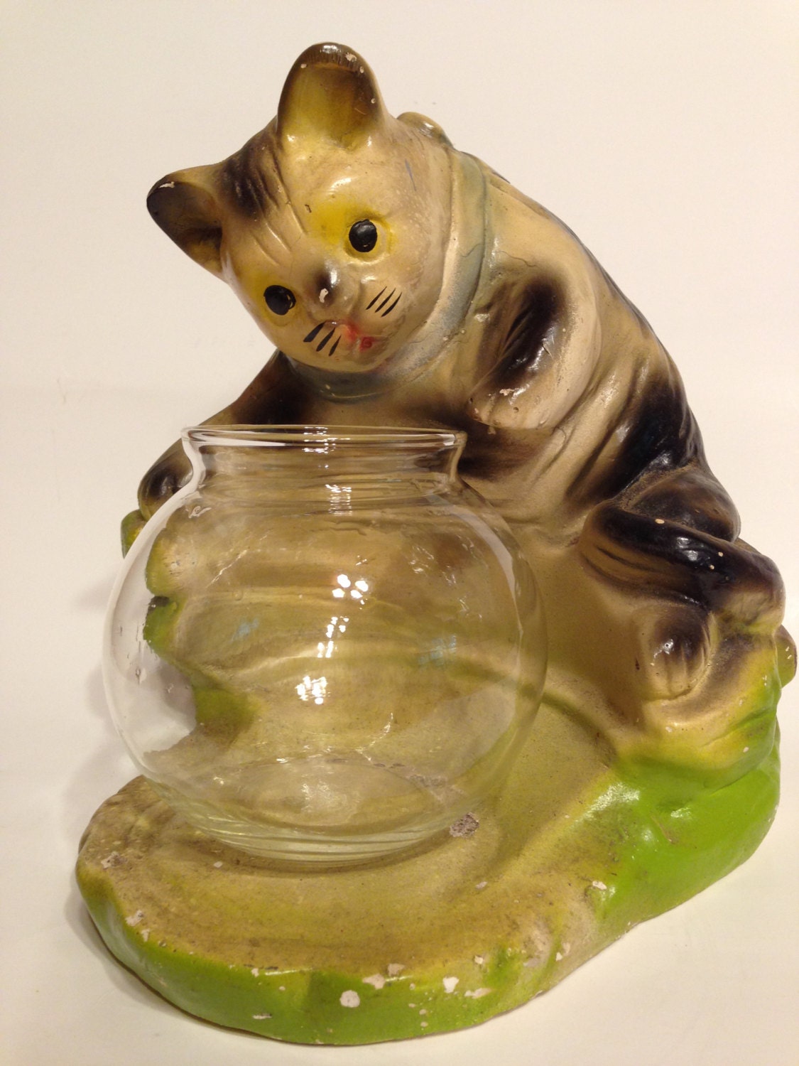 Vintage Chalkware Cat Figurine with Fishbowl 1940s Collectible