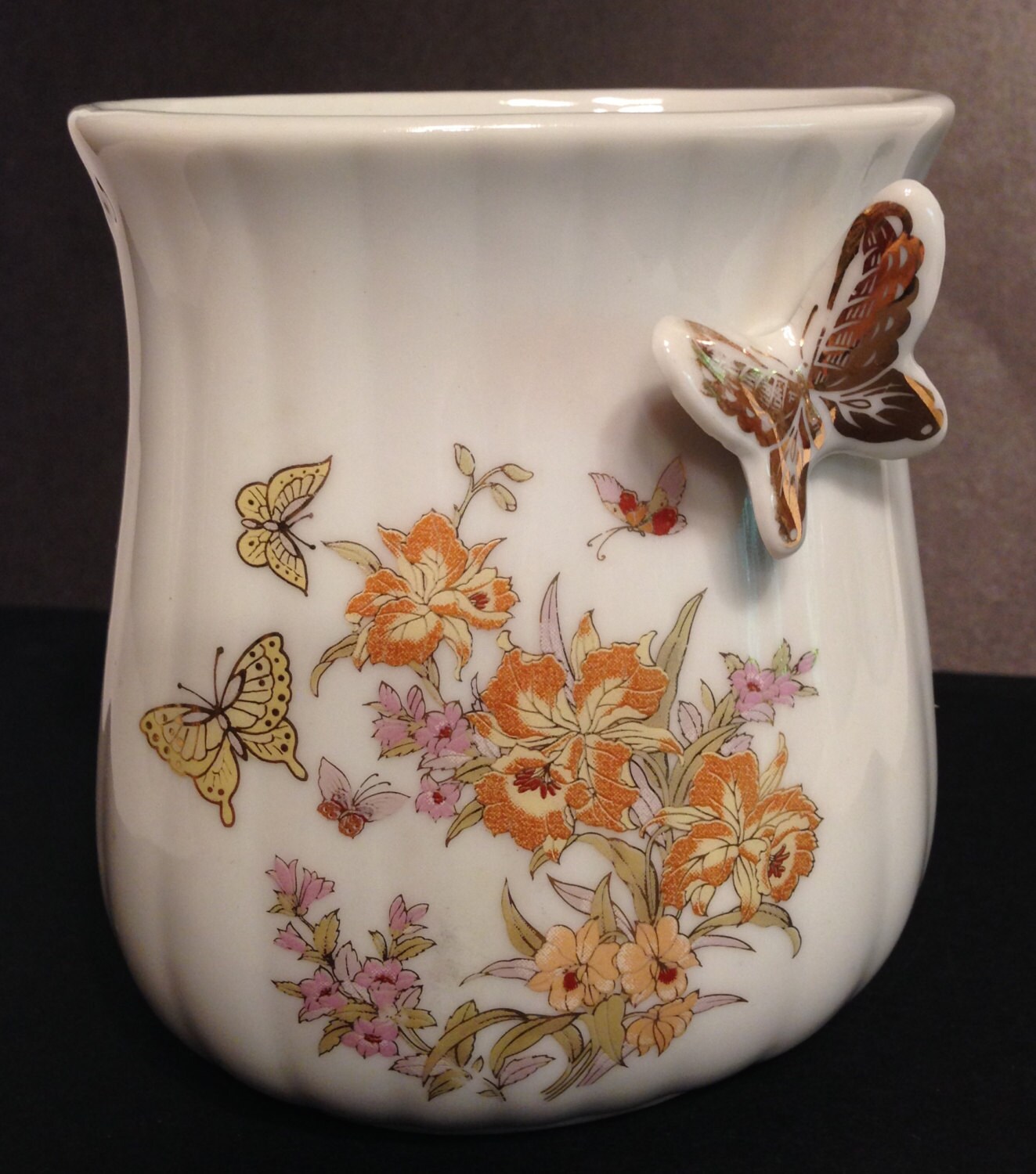 Vintage Butterfly Vase Hand Painted White Porcelain Made in