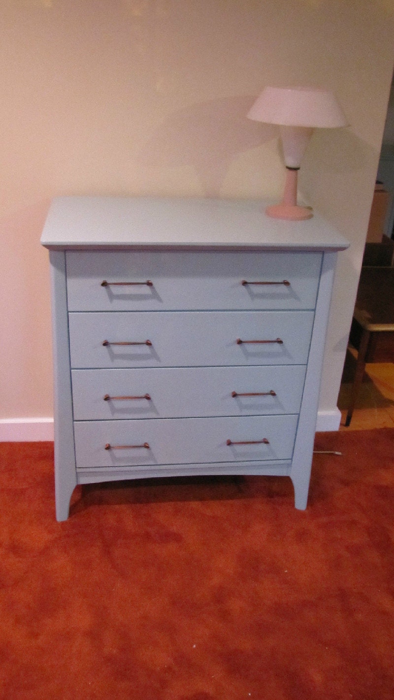 Mid Century Modern Dresser, Chest of Drawers, Painted Bureau, Blue