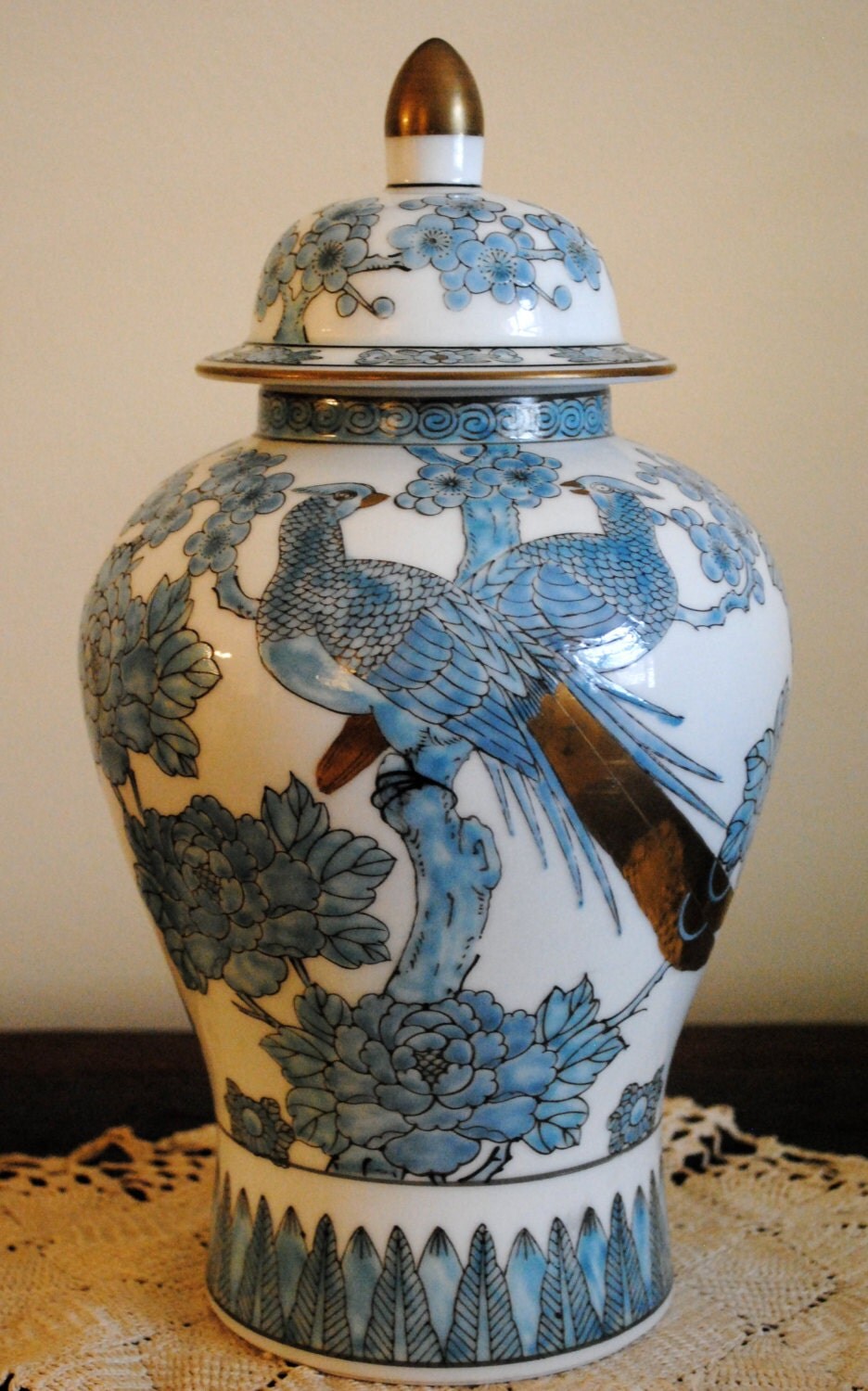 Japanese Gold Imari Hand Painted Blue Porcelain Peacock