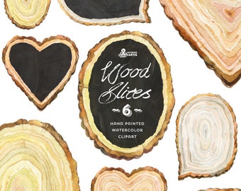 Wood Slices Watercolor Clipart 6, chalkboard, handpainted, diy elements, lettering, textures, frames, invite, quotes, cards, heart, hires