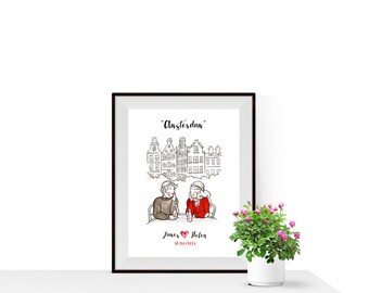 Honeymoon Amsterdam Loving couple - custom names and dates - Handmade illustration - Holland poster wall art - lamina decoracion - NG36