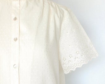 Ivory Cotton Blouse with Eyelet Edge Trim