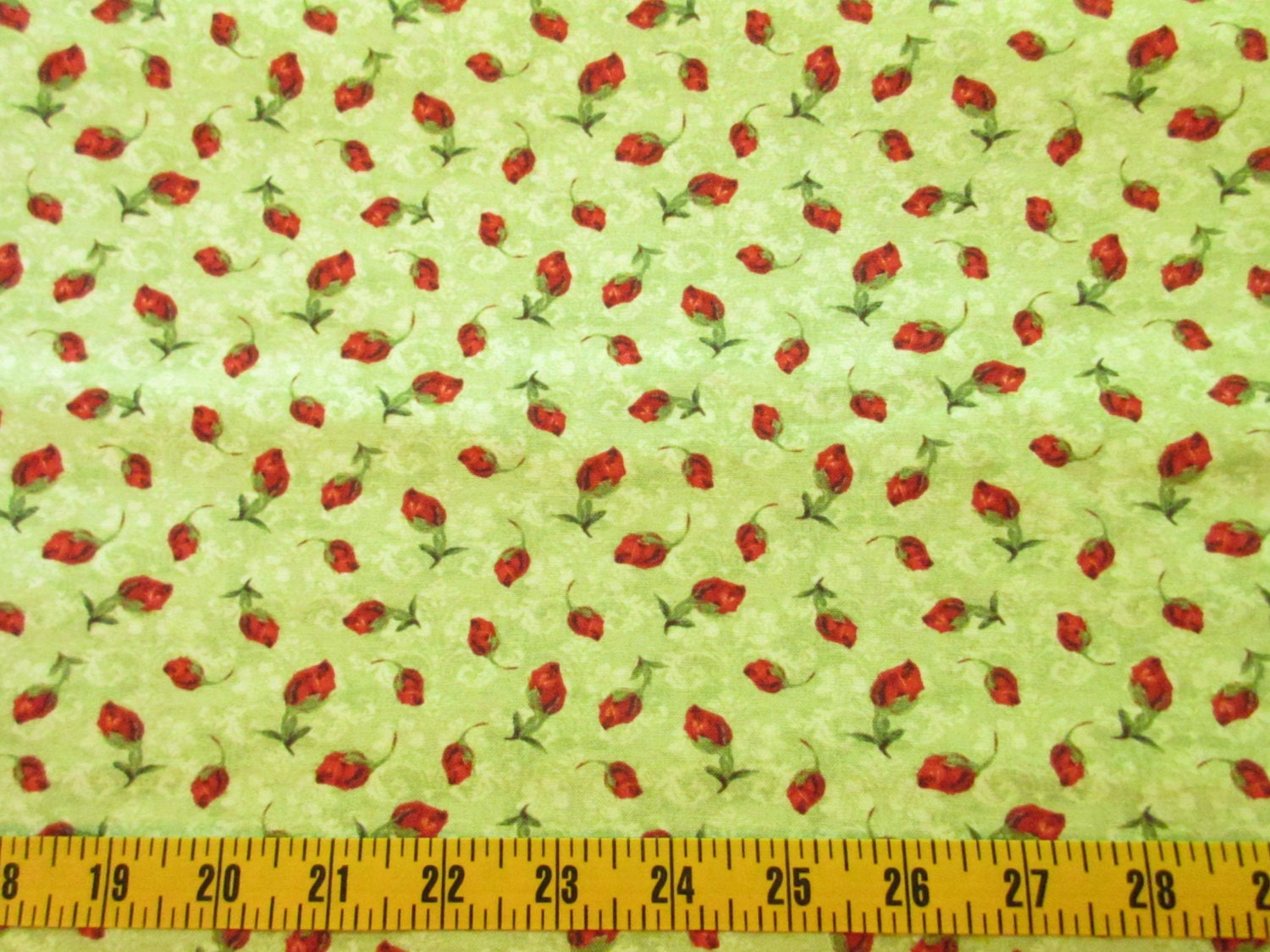 Red Rose Bud Cotton Fabric by the Yard Rosebuds on Green