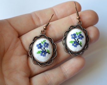 Earrings embroidered floral earrings Cross stitch Jewelry Boho gift idea|for|her Handmade Folk Jewelry floral Shabby chic girlfriend gift