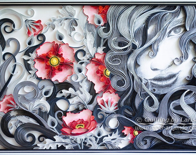 Original Paper Quilling Wall Art - The girl and red poppies. Handmade. Decor. Design.