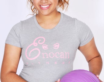 ENOCAN Fitness Signature Tee/Fitness T-Shirt (Heather Gray w/ Pink Logo)