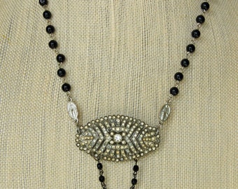 Vintage black rosary beads remixed with very old rhinestone brooch, estate jewelry, vintage assemblage,statement necklace,spiritual jewelry