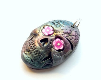 Black and Gem Colors Metallic Sugar Skull Day of the Dead Pendant
