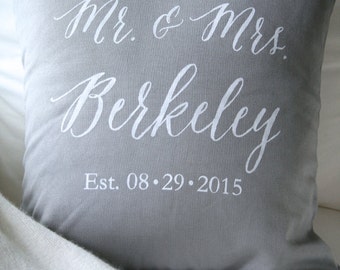 Personalized Wedding Pillow Cover, Mr. and Mrs. Pillow Cover, Cotton Anniversary, Gray Pillow, White Text, Anniversary Gift