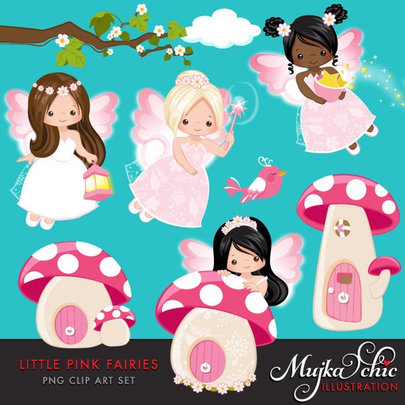 Little Pink Fairy Clipart. Cute Fairies Dressed up in Fairyland, Mushroom homes and magic graphics! Il_570xn