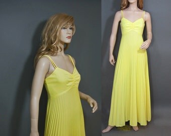 Vintage 70s Dress Yellow Accordion Pleat Skirt Maxi Prom Party Dress M