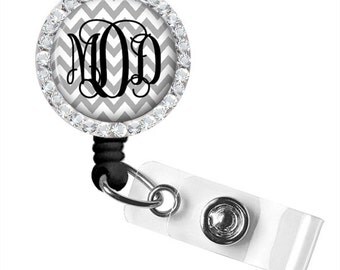 Grey Chevron Monogram Badge Reel Holder (397)