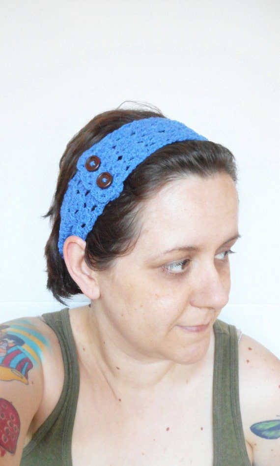 Crochet Diamond Lace Stretch Headband in Blue.