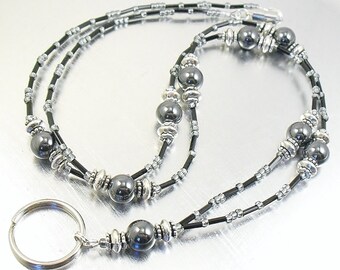 Beaded ID Lanyard, Badge Holder, ID Necklace - Hematite and Black Glass Lanyard, Key Holder, Key Chain Necklace