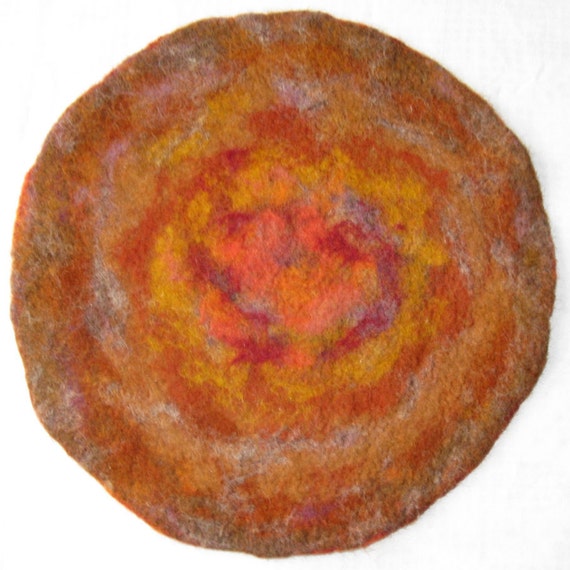 Yellow-red-brown needle felted tablecloth coaster doily, two-sided