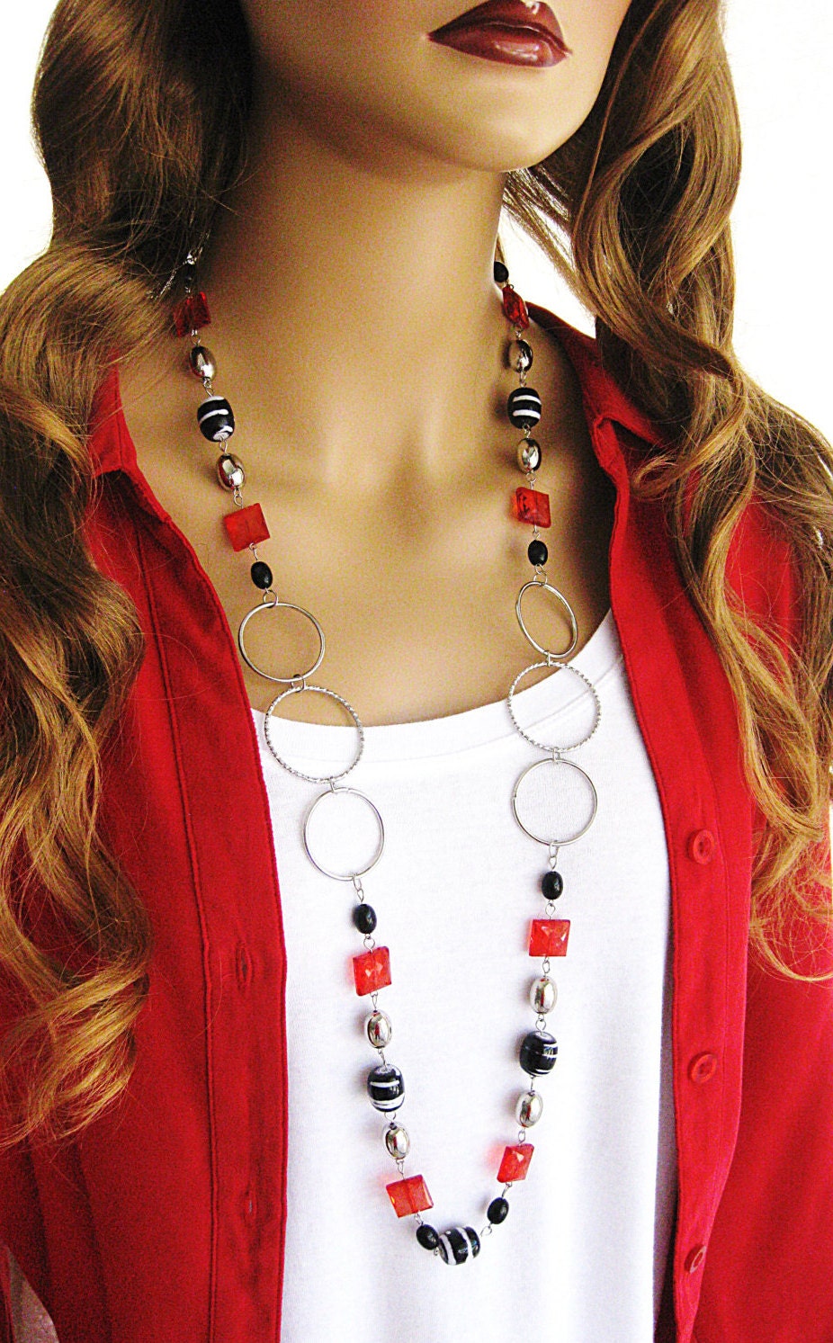 Long Black and Red Necklace Long Necklace Beaded Necklaces