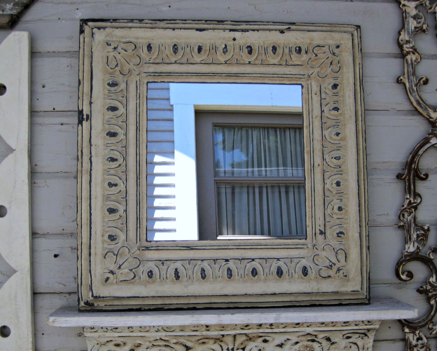 Rustic mirror. 2x2 Framed ANTIQUE Ceiling Tin Tile Mirror.