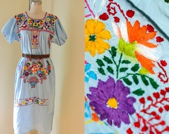 Vintage Embroidered Mexican Dress, Boho Chic Little House on the Prairie, Pale Blue Hippie Dress, Festival Dress