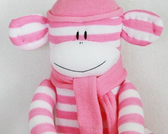 Sock Monkey Pink and White Stripes, Stuffed Toy, Stuffed Animal, Baby Toy, Stuffed Toys