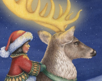 Little Beth riding Stag with golden antlers