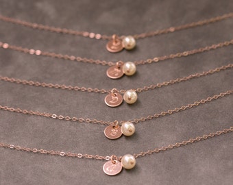Custom Initial Bracelet in Rose Gold, Bridesmaid Jewelry Set of 3, Wedding Party Gift, Rose Gold Charm Bracelet