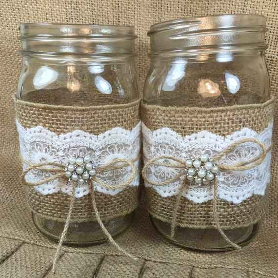 Set of 3 Burlap Mason jar Rustic wedding by ElianasTreasures