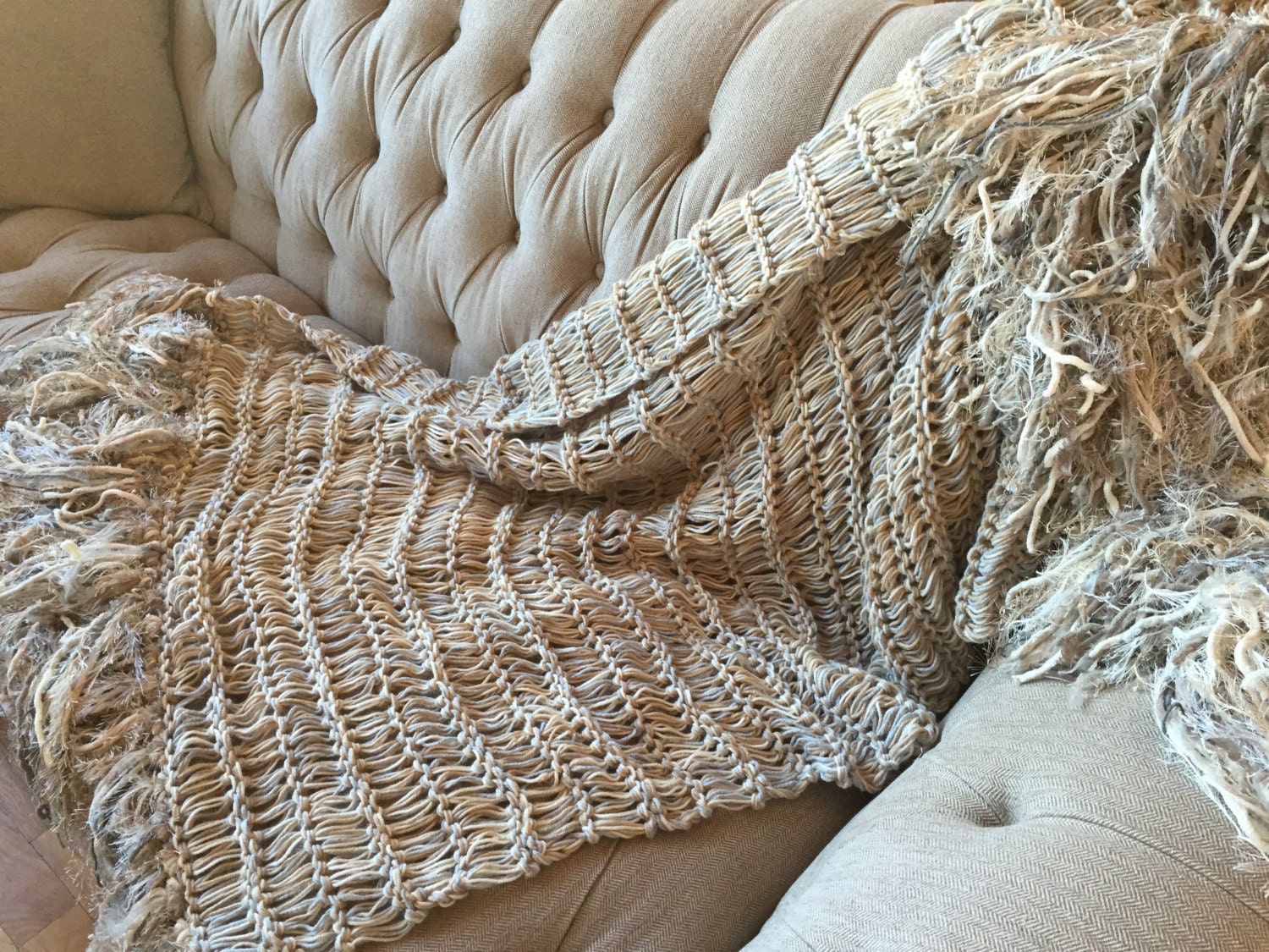 Long Afghan Knit with Ivory Grey Cream Tan Beige Blanket