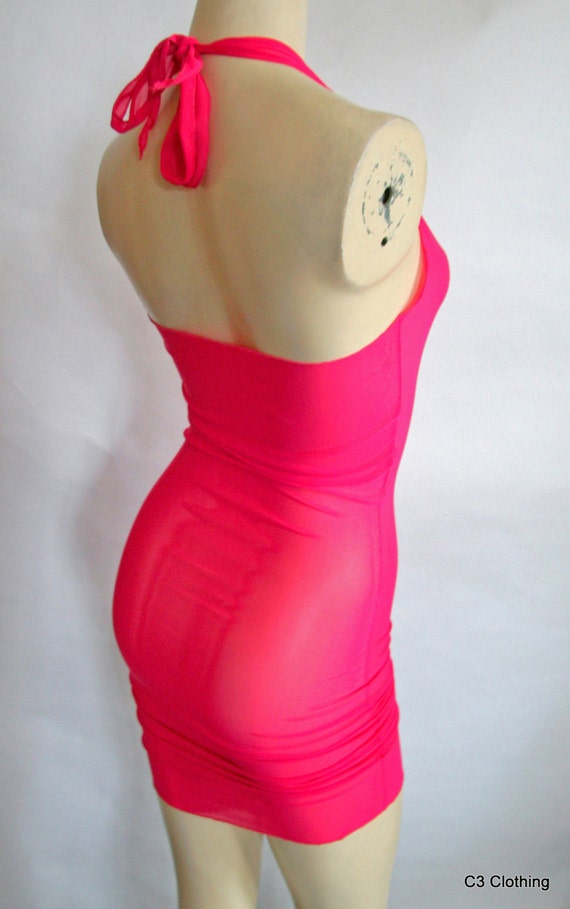 Mini Halter Dress in Hot Pink Sheer Power Mesh by C3Clothing