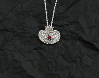 Pomegranate Pendant - Sterling Silver Pomegranate - Pomegranate Necklace - Garnet Necklace
