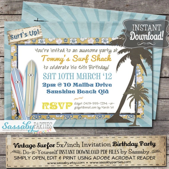 Vintage Surf Birthday Party Invitation - INSTANT DOWNLOAD - Editable & Printable Beach, Pool, Summer Party Invitations by Sassaby Parties Il_570xn