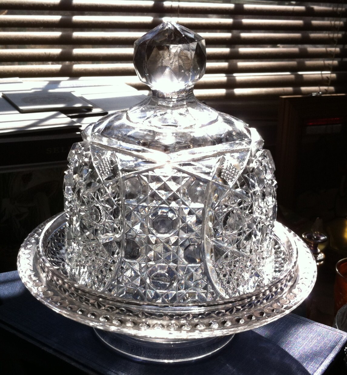 Patterned Glass Butter Dish, Extra Large Finial, Lovely Mismates