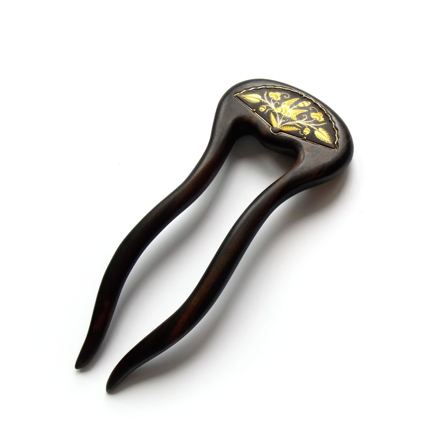 Luxury Wooden Hair Fork Hand Wood carving ebony 24K gold