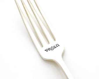 Vegan. Hand stamped fork for healthy living motivation. By Milk & Honey ®
