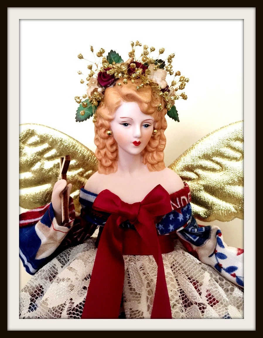 USA Patriotic Angel Christmas Tree Topper Red White and Blue