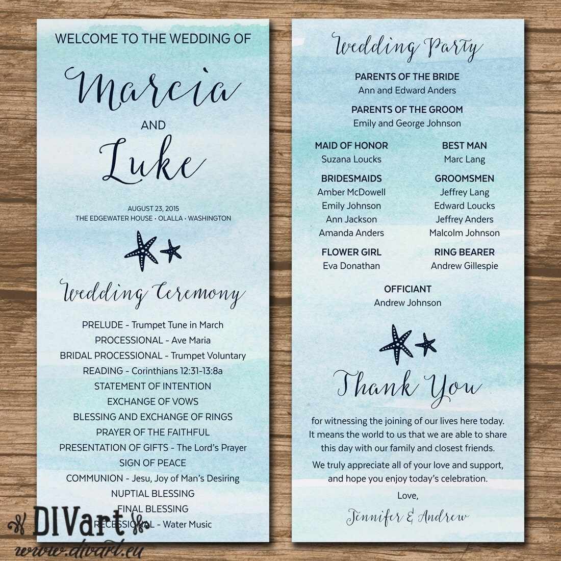 Beach Wedding Program Ceremony Program PRINTABLE files