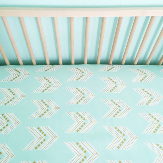 Crib Sheet Mint Gold Chevron. Fitted Crib Sheet. Baby Bedding.