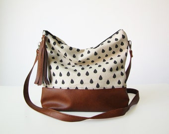 Raindrops Boho bag, Crossbody bag, Canvas and Vegan Leather, Slouchy Messanger bag, Shoulder bag, Tassels, Clutch purse