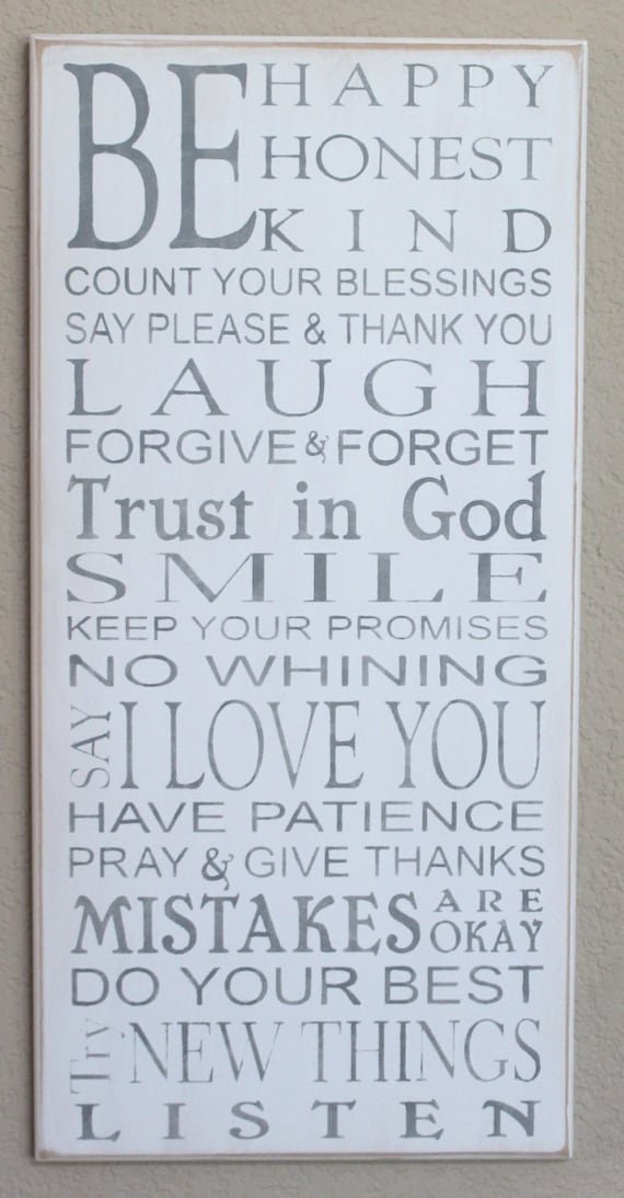 Be HAPPY - Be HONEST - Be KIND - Family Rules - Gray on White - Typography - Subway Art - Painted Wooden Sign - Large